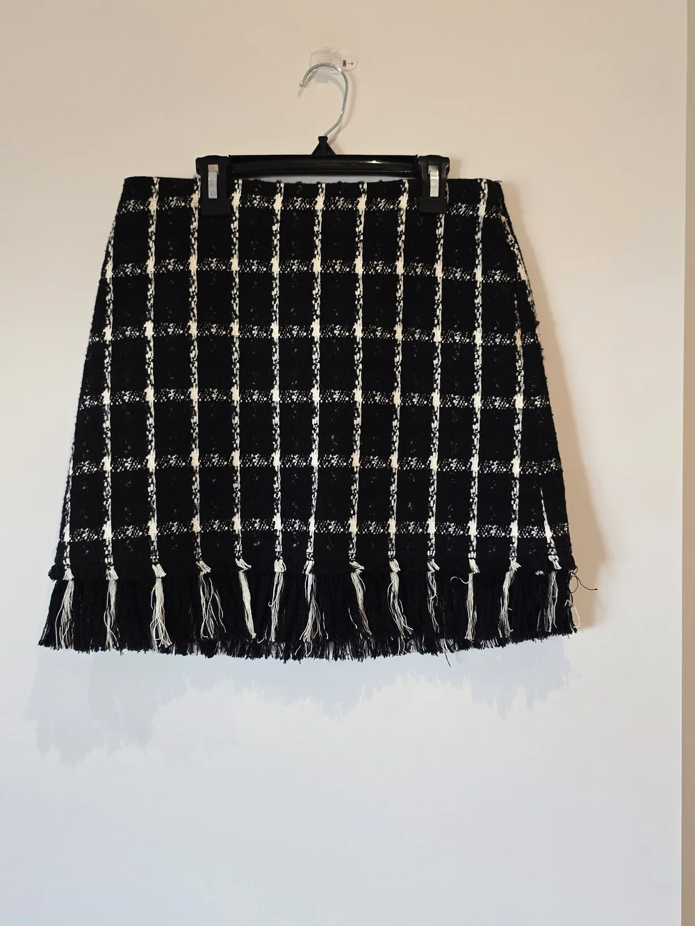 Tory Burch Black & White Checked Fringe Mini Skirt
